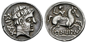 Bentian. Denarius. 120-80 BC. Area of Navarra. (Abh-249). (Acip-1676). (MIB-89/3e, Plate Coin). Anv.: Bearded head right, iberian legend BENKODA behin...