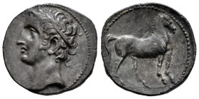 Hispanic-Carthaginian Coinage. Shekel. 235-220 BC. Uncertain mint. (Abh-490). (Acip-557). (MIB-8/42, Plate Coin). Anv.: Head of Eshmun-Apollo left. Re...