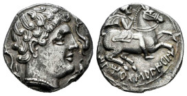 Iltirtasalirban. Denarius. 200-20 BC. Lleida (Cataluña). (Abh-1455). (Acip-1242). (MIB-67/56a). Anv.: Male head right, three dolphins around. Rev.: Ho...