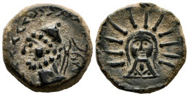 Malaka. Unit. 200-20 BC. Malaga. (Abh-1730 var). (Acip-790 var). Anv.: Head of Vulcan left, tongs and punic legend behind. Rev.: Head of Helios facing...