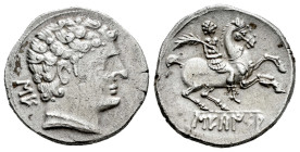 Sekaisa. Denarius. 120-20 BC. Area of Aragon. (Abh-2118). (Acip-1543). (MIB-117/14b, Plate Coin). Anv.: Male head right, iberian letters SE behind. Re...