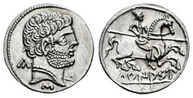 Turiasu. Denarius. 120-20 BC. Tarazona (Zaragoza). (Abh-2417). (Acip-1722). (MIB-109/23a). Anv.: Bearded head right, iberian letter KA, S and TU. Rev....