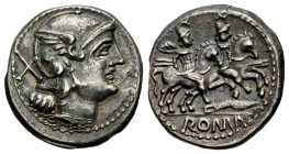 Anonymous. Denarius. 211-210 BC. Uncertain mint. (Ffc-32). (Craw-109/1). Anv.: Head of Roma right, X behind. Rev.: The Dioscuri riding right, stars ab...