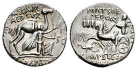 Aemilius. M Aemilius Scaurus y Pub. Plautius Hypsaeus. Denarius. 58 BC. Rome. (Ffc-120). (Craw-422/1b). Anv.: M. SCAVR. / AED. CVR., above king Aretas...