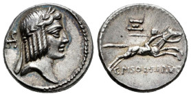 Calpurnius. C. Calpurnius Piso Frugi. Denarius. 64 BC. Rome. (Ffc-387). (Craw-408/1a). (Cal-340a). Anv.: Laureate head of Apollo right, symbol behind ...