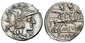 Junius. M. Junius Silanus. Denarius. 145 BC. Auxiliary mint of Rome. (Ffc-778). (Craw-220/1). (Cal-860). Anv.: Head of Roma right, X below chin, ass's...