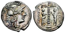 Minucius. Ti. Minucius Augurinus. Denarius. 134 BC. Rome. (Ffc-925). (Craw-243/1). (Cal-1026). Anv.: Head of Roma right, X (rarely X) behind. Rev.: RO...
