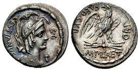 Plaetorius. M. Plaetorius M.f. Cestianus. Denarius. 67 BC. Rome. (Ffc-969). (Craw-409/1). (Cal-1106). Anv.: CESTIANVS behind winged bust of Vacuna, we...