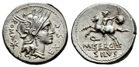 Sergius. M. Sergius Silus. Denarius. 116-115 BC. Norte de Italia. (Ffc-1111). (Craw-286/1). (Cal-1271). Anv.: Head of Roma right, EX. S.C. before, ROM...
