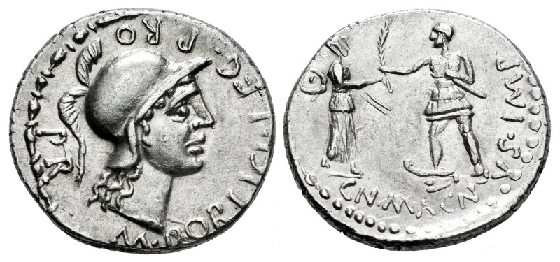 Pompeius Magnus. Cn. Pompeius Magnus y M. Poblicius. Denarius. 46-45 BC. Hispani...