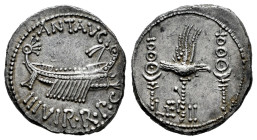Mark Antony. Denarius. 32-31 BC. Mint moving. (Ffc-32). (Craw-544). (Cal-179). Anv.: ANT. AVG. III. VIR. R.P.C. praetorian galley right. Rev.: LEG. ll...