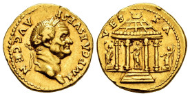 Vespasian. Aureus. 73 AD. Rome. (Ric-II 516). (Calicó-690a). Anv.: IMP CΛES VESP ΛVG CEN, laureate head right. Rev.: VES TΛ, Temple of Vesta: round-do...