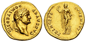 Domitian. Aureus. 74-75 AD. Rome. (Ric-II.1 787 (Vespasian)). (Calicó-912). (Bmcre-155 (Vespasian)). Anv.: CAES AVG F DOMIT COS III. Laureate head rig...