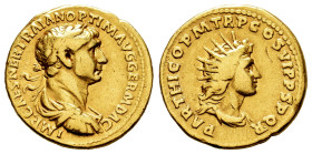 Trajan. Aureus. 114-117 AD. Rome. (Ric-329). (Calicó-1038). Anv.: IMP CAES NER TRAIAN OPTIM AVG GERM DAC. Laureate, draped and cuirassed bust to right...