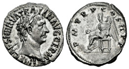 Trajan. Denarius. 100 AD. Rome. (Ric-II 41). (Woytek-85a). (Bmcre-77). Anv.: IMP CAES NERVA TRAIAN AVG GERM, laureate head to right. Rev.: P M TR P CO...