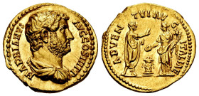 Hadrian. Aureus. 134-138 AD. Rome. "Travel series" issue. (Ric-II.3, 1562). (Calicó-1176a). Anv.: HADRIANVS AVGVSTVS. Bare-headed and draped bust righ...