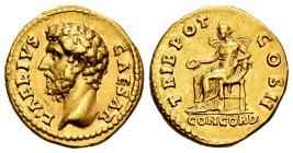 Aelius. Aureus. 136-138 AD. Rome. (Ric-II.3, 2707). (Calicó-1445). Anv.: L•AELIVS CAESAR, bare head to left. Rev.: TRIB POT COS II, Concordia seated t...