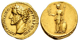 Antoninus Pius. Aureus. 145-161 AD. Rome. (Ric-158e). (Calicó-1460). Anv.: ANTONINVS AVG PI – VS P P TR P COS IIII. Laureate head left. Rev.: Minerva ...
