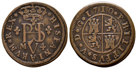 Philip V (1700-1746). 4 maravedis. 1710. Madrid. (Cal-85). (Jarabo-Sanahuja-O-01). Ae. 3,54 g. Non adopted trial. Very rare. VF. Est...600,00. 

Spa...