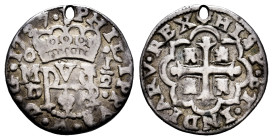 Philip V (1700-1746). 1/2 real. 1727. Mexico. D. (Cal-206). Ag. 1,74 g. Royal type (Galano). Holed at 12 o'clock, as usual in this issue. A wholesome ...