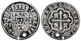 Philip V (1700-1746). 1 real. 1715. Mexico. J. (Cal-465, Plate coin). Ag. 2,96 g. Royal type (Galano). Two holes at 6 o'clock, usual in these issues. ...