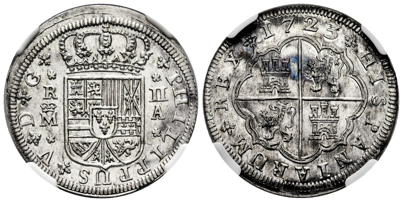 Philip V (1700-1746). 2 reales. 1723. Madrid. A. (Cal-777). Ag. Plenty of origin...