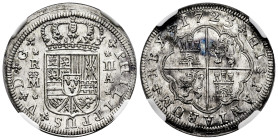 Philip V (1700-1746). 2 reales. 1723. Madrid. A. (Cal-777). Ag. Plenty of original luster. Pleasant color and appearence. Slabbed by NGC as MS 65 (Top...