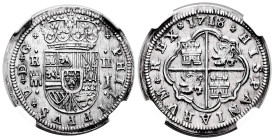 Philip V (1700-1746). 2 reales. 1718. Segovia. J. (Cal-945). Ag. Original luster. Magnificent piece. Slabbed by NGC as MS 64. (Top Pop), the finest kn...