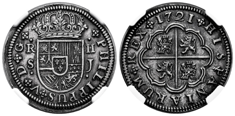 Philip V (1700-1746). 2 reales. 1721. Sevilla. J. (Cal-979). Ag. Nice old cabine...