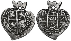 Philip V (1700-1746). 4 reales. 1736. Potosi. E. (Cal-Unlisted). (Km-Unlisted). Ag. 11,06 g. "Heart" Type. Unique. Holed, typical for these issues. On...