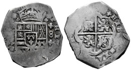 Philip V (1700-1746). 8 reales. 1709. Madrid. J. (Cal-1334). Ag. 26,39 g. The basis of the last digit of the date visible. Large flan. Attractive. Ver...