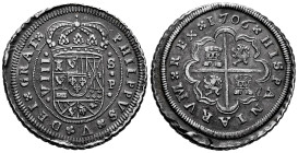 Philip V (1700-1746). 8 reales. 1706. Sevilla. P. (Cal-1608). Ag. 26,45 g. Value VIII on the left. Minor planchet flaw on reverse. A very good sample ...