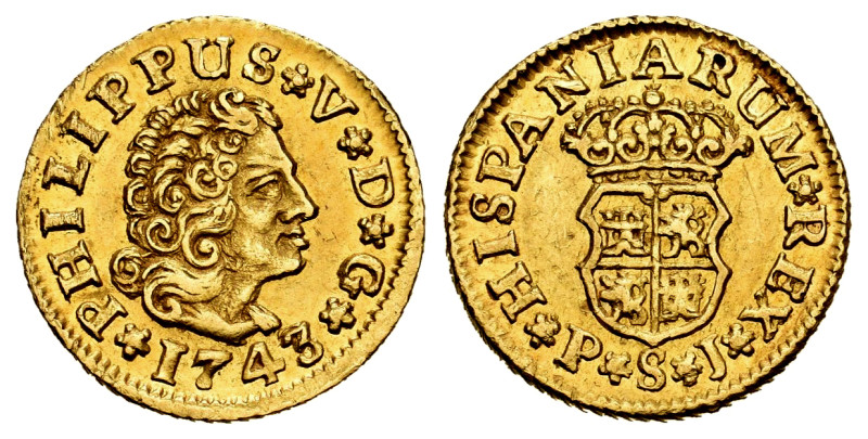 Philip V (1700-1746). 1/2 escudo. 1743. Sevilla. PJ. (Cal-1646). Au. 1,76 g. Min...