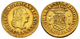 Philip V (1700-1746). 1 escudo. 1733/2. Mexico. F. (Cal-1745). Au. 3,34 g. Overdated. Hairlines and scracht to the left of the crown. We have only fou...