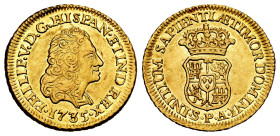 Philip V (1700-1746). 1 escudo. 1735. Sevilla. PA. (Cal-1806). (Cy-Unlisted). Au. The key date for the series. We have not found any auctioned specime...