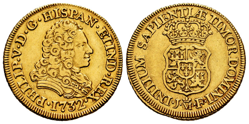 Philip V (1700-1746). 2 escudos. 1732. Madrid. JF. (Cal-1869). Au. 6,71 g. Very ...