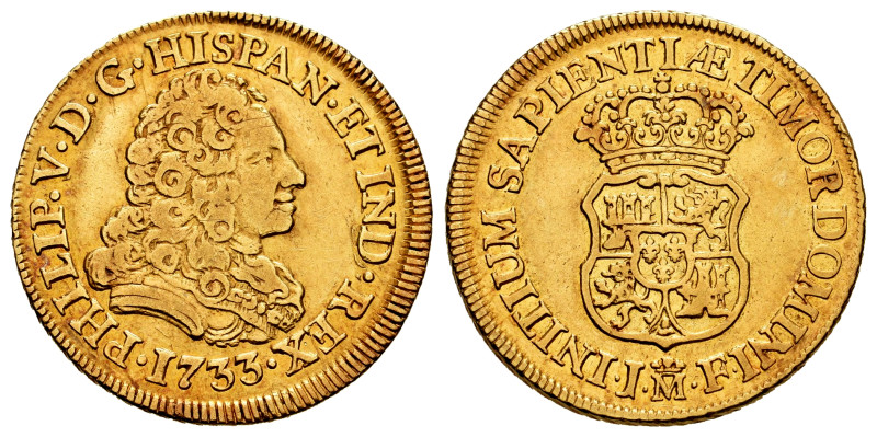 Philip V (1700-1746). 2 escudos. 1733. Madrid. JF. (Cal-1870). Au. 6,71 g. Witho...