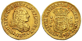 Philip V (1700-1746). 2 escudos. 1732. Mexico. F. (Cal-1894). Au. 6,72 g. The highly desirable first date of machine-struck gold coins of the Americas...