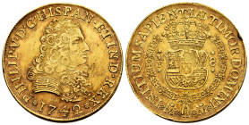 Philip V (1700-1746). 8 escudos. 1742. Mexico. MF. (Cal-2245). (Cal onza-439). Au. 27,03 g. Nicks on edge. Beautiful colour. Original luster. Rare. XF...