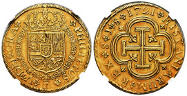 Philip V (1700-1746). 8 escudos. 1721. Sevilla. J. (Cal-2294). Au. "Cross" type. Mintmark, value and assayer in legend on reverse. Gorgeous colour. Ra...