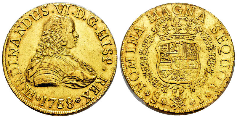 Ferdinand VI (1746-1759). 8 escudos. 1758/7. Santiago. J. (Cal-1758). (Cal onza-...