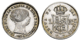Elizabeth II (1833-1868). 1 real. 1854. Sevilla. (Cal-323). Ag. Plenty of original luster. Rarely encountered this good struck. Slabbed by NGC as MS 6...