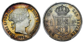 Elizabeth II (1833-1868). 1 real. 1864. Sevilla. (Cal-337). Ag. Wonderful iridescent patina. Slabbed by PCGS as MS 64.(Top Pop), the finest known in t...