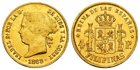 Elizabeth II (1833-1868). 4 pesos. 1868. Manila. (Cal-865). Au. 6,76 g. Minimal hairlines. Minor nicks. Small planchet flaw on reverse. Original luste...