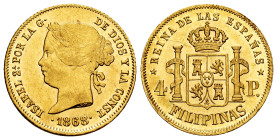 Elizabeth II (1833-1868). 4 pesos. 1868. Manila. (Cal-865). Au. 6,73 g. Plenty of original luster. Rare in this condition. Almost MS/Mint state. Est.....