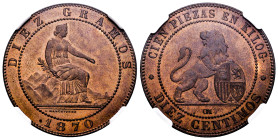 Provisional Government (1868-1871). 10 centimos. 1870. Barcelona. OM. (Cal-8). Ae. Original color. Slabbed by NGC as MS 65 RB. (Top Pop), the finest k...