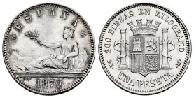 Provisional Government (1868-1871). 1 peseta. 1870*18-73. Madrid. DEM. (Cal-19). Ag. Original luster. Rarely encountered this good struck. Slabbed by ...