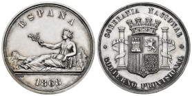 Provisional Government (1868-1871). Silver medal. 1868. (Cal-36). Ag. Silver medal that served as a model for the 5 pesetas silver coin of 1869 and 18...