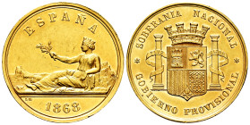 Provisional Government (1868-1871). Gold medal. 1868. (Cal-37). (Vq-14373 var. in gold). Au. 44,28 g. Gold medal that served as a model for the 5 pese...