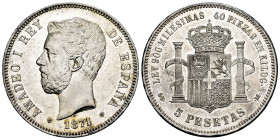 Amadeo I (1871-1873). 5 pesetas. 1871*18-71. Madrid. SDM. (Cal-1). Ag. 24,80 g. Minimal hairlines. Magnificent piece. Plenty of original luster. Mint ...